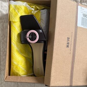 Anthropologie Black and Pink Mules Maeve kitten heel 7